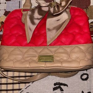Betsey Johnson Red and Tan Quilted Crossbody Satchel with Bow